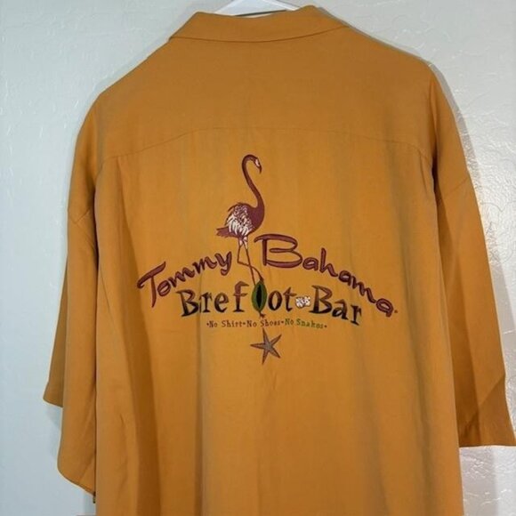 Tommy Bahama Shirt Mens 3XL Orange Silk Camp Hawaiian Barefoot Bar Back Graphic - Picture 2 of 6